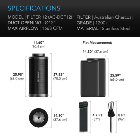 AC Infinity 12-Inch Duct Carbon Filter - Australian Charcoal | AC-DCF12