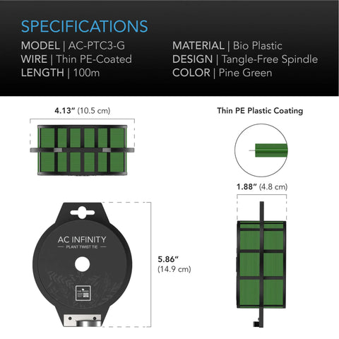 AC Infinity Green Twist Ties w/ Built-In Cutter, 100M