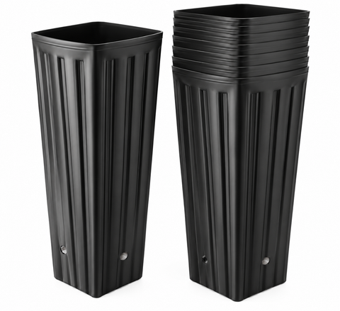 AMYHILL black tall square tree nursery pots with drainage holes, single pot and nested stack
