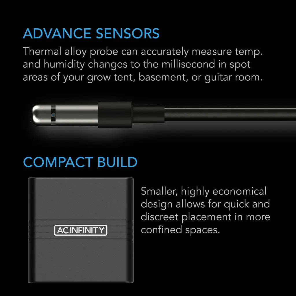 AC Infinity CLOUDCOM A2, Mini Smart Thermo-Hygrometer With Data App, 12' Sensor Probe