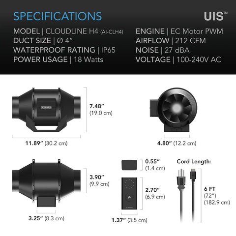 AC Infinity CLOUDLINE H4 Humidity-Proof Inline Fan 4" with Speed Controller
