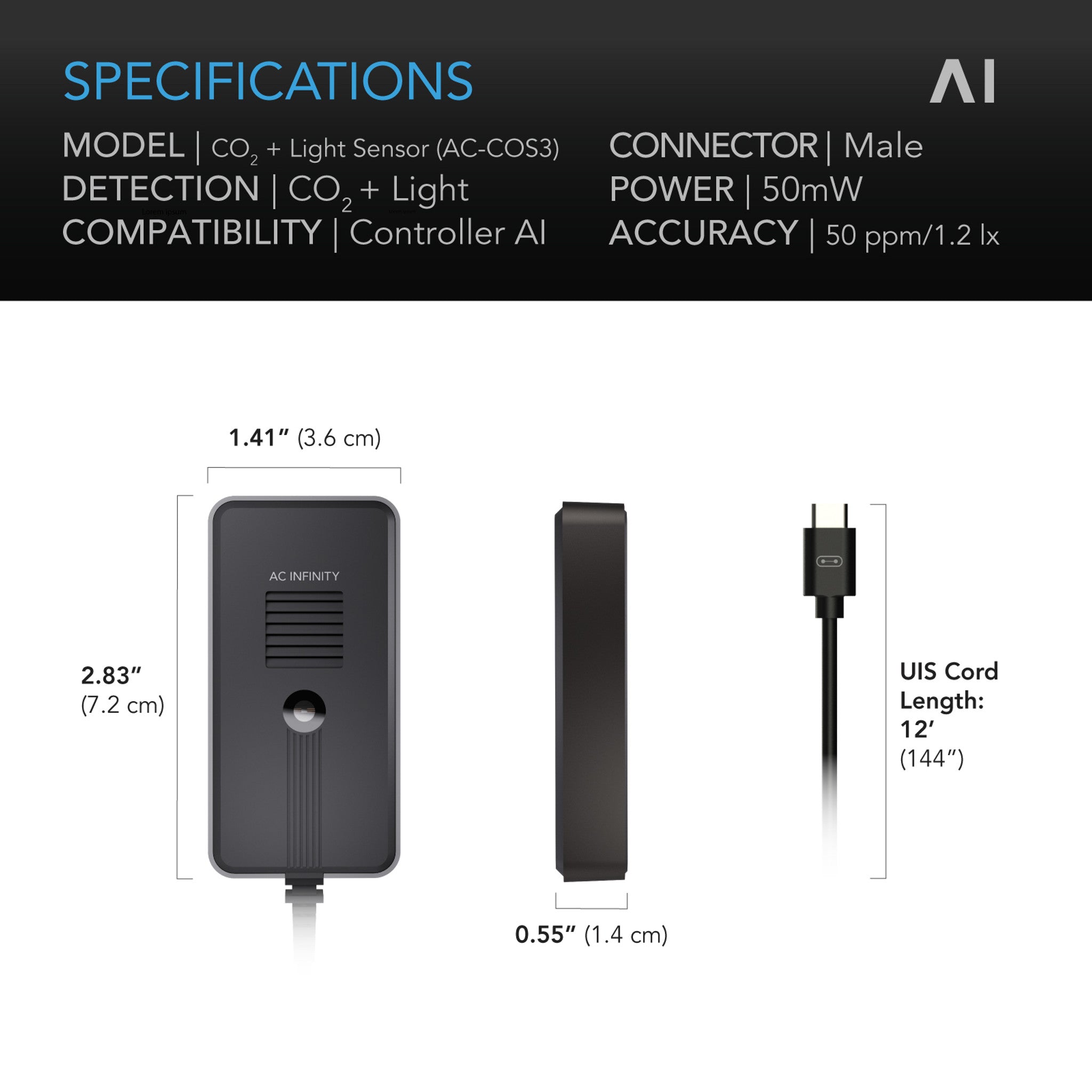 AC Infinity CO2 + Light Sensor for Controller AI+, CO2 Data Tracking, Optimized FAE, Day & Night Scheduling