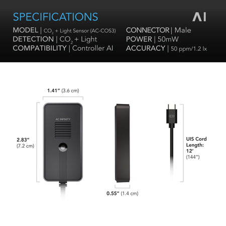 AC Infinity CO2 + Light Sensor for Controller AI+, CO2 Data Tracking, Optimized FAE, Day & Night Scheduling