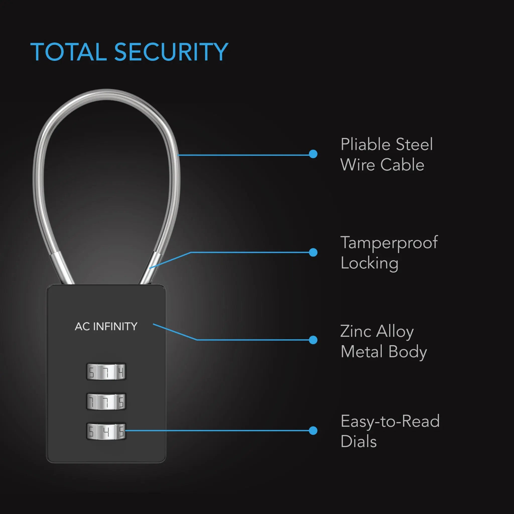 AC Infinity Combination Lock, Flexible Steel Cable Loop | 2-Pack