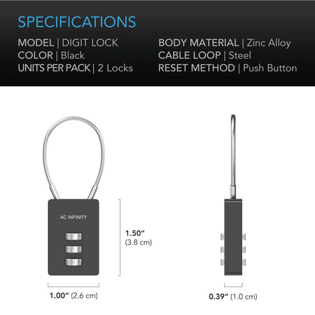 AC Infinity Combination Lock, Flexible Steel Cable Loop | 2-Pack