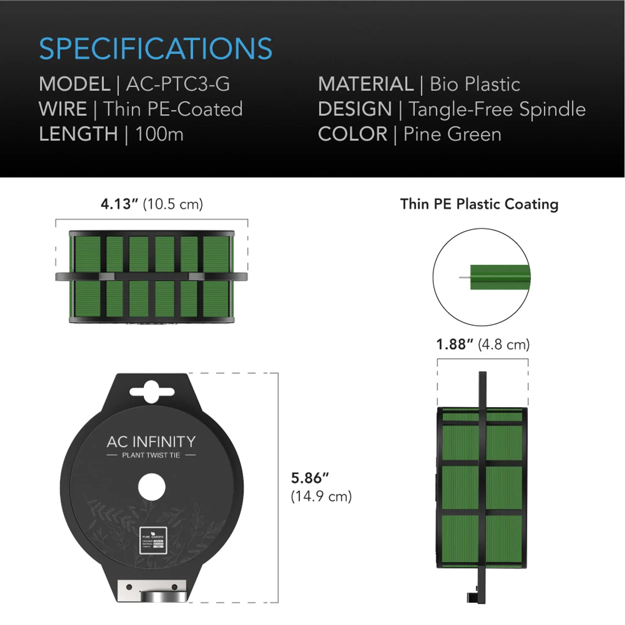 AC Infinity Green Twist Ties w/ Built-In Cutter, 100M