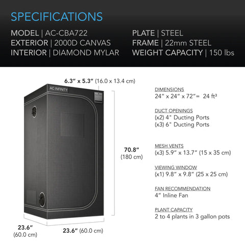 AC Infinity Grow Tent CLOUDLAB 722, 24"x24"x72"