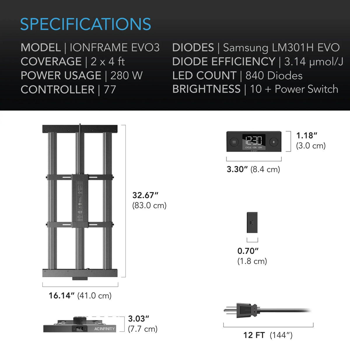 AC Infinity IONFRAME EVO3, Samsung LM301H EVO Commercial LED Grow Light 2x4, 280W