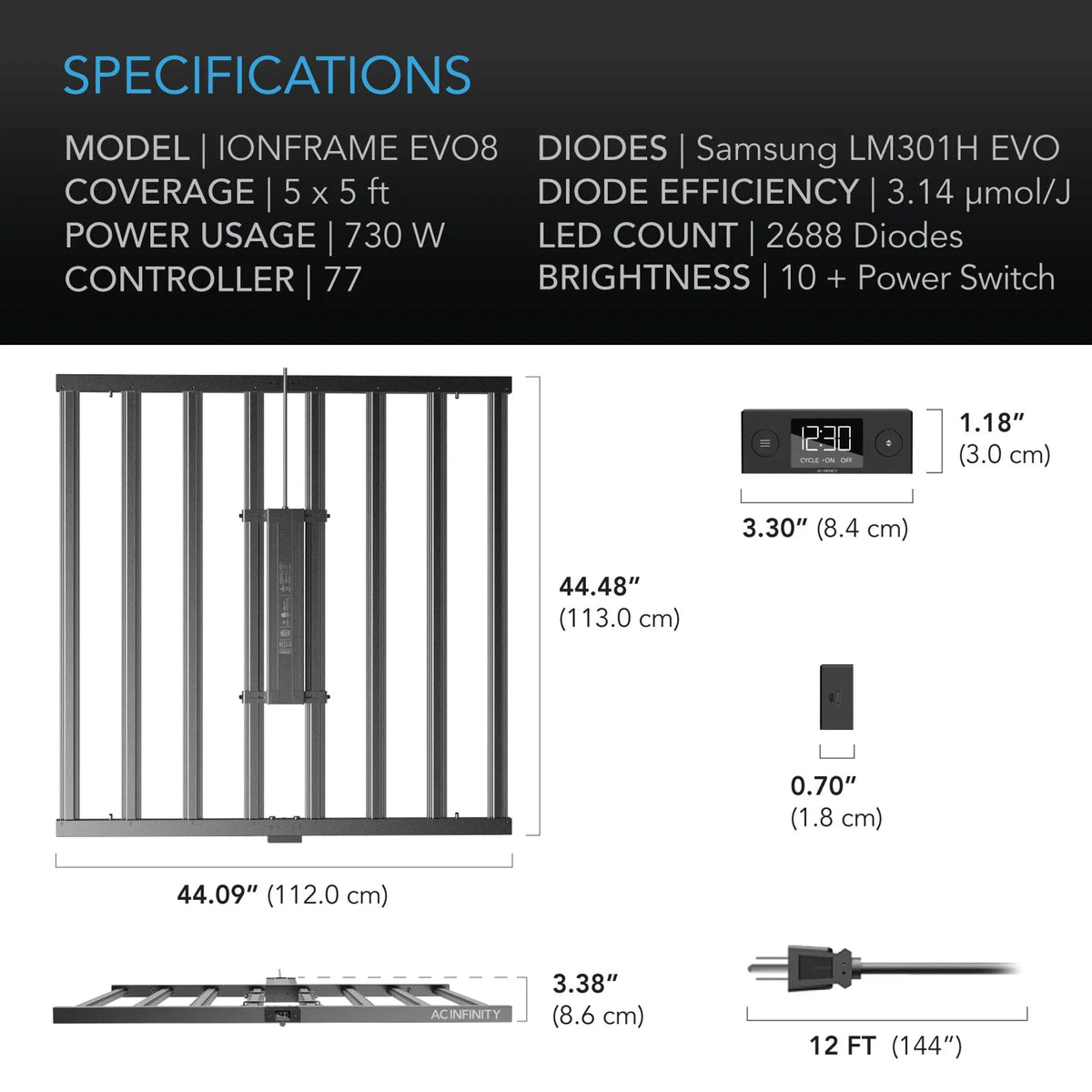 AC Infinity IONFRAME EVO8, Samsung LM301H EVO Commercial LED Grow Light 5x5, 730W