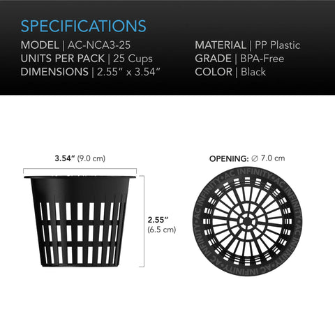AC Infinity Mesh Net Cups, Slotted Pots With Wide Lips, 3-Inch | 25-Pack