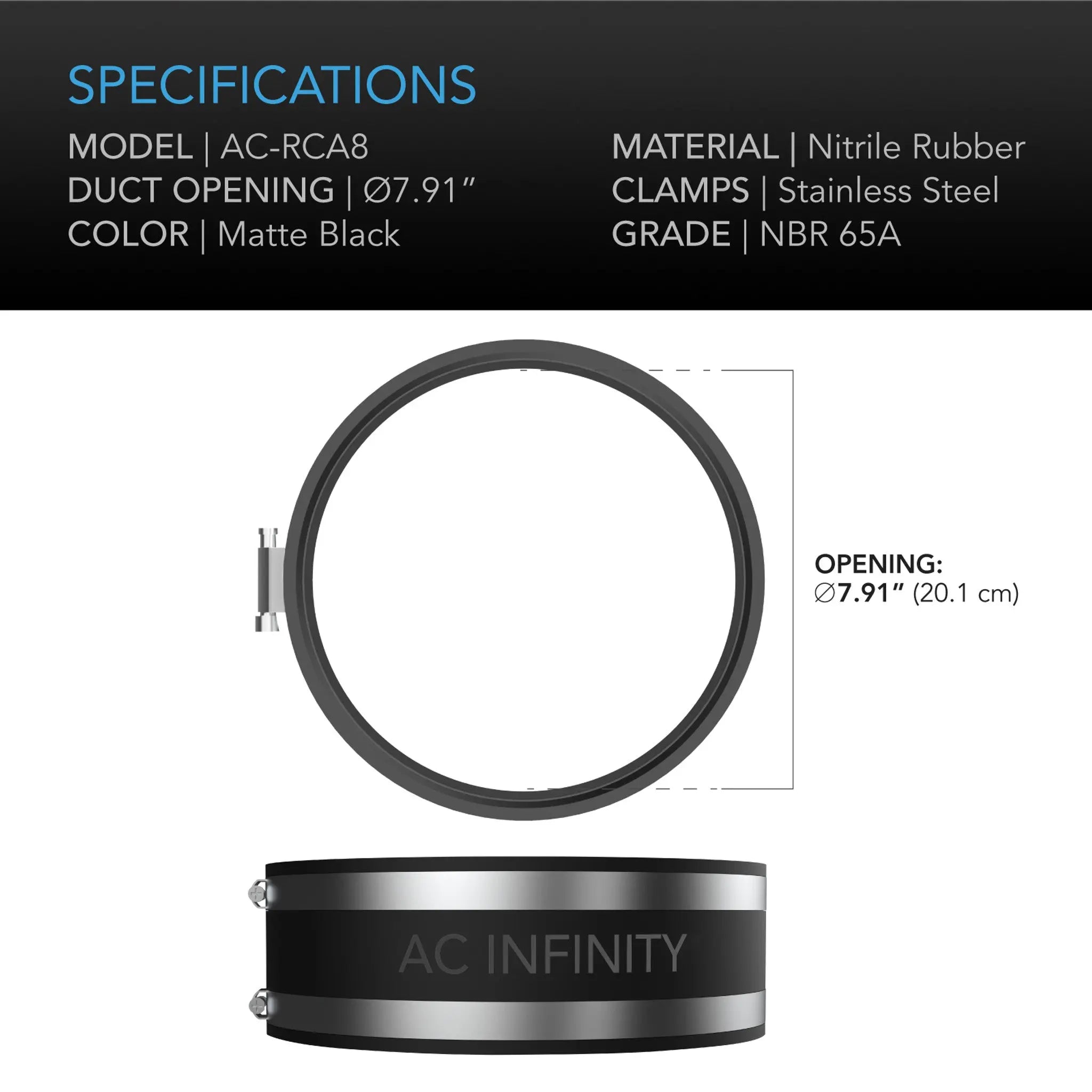 AC Infinity Noise Reduction Clamp, Duct Coupler With Stainless Steel Clamps, 8-Inch