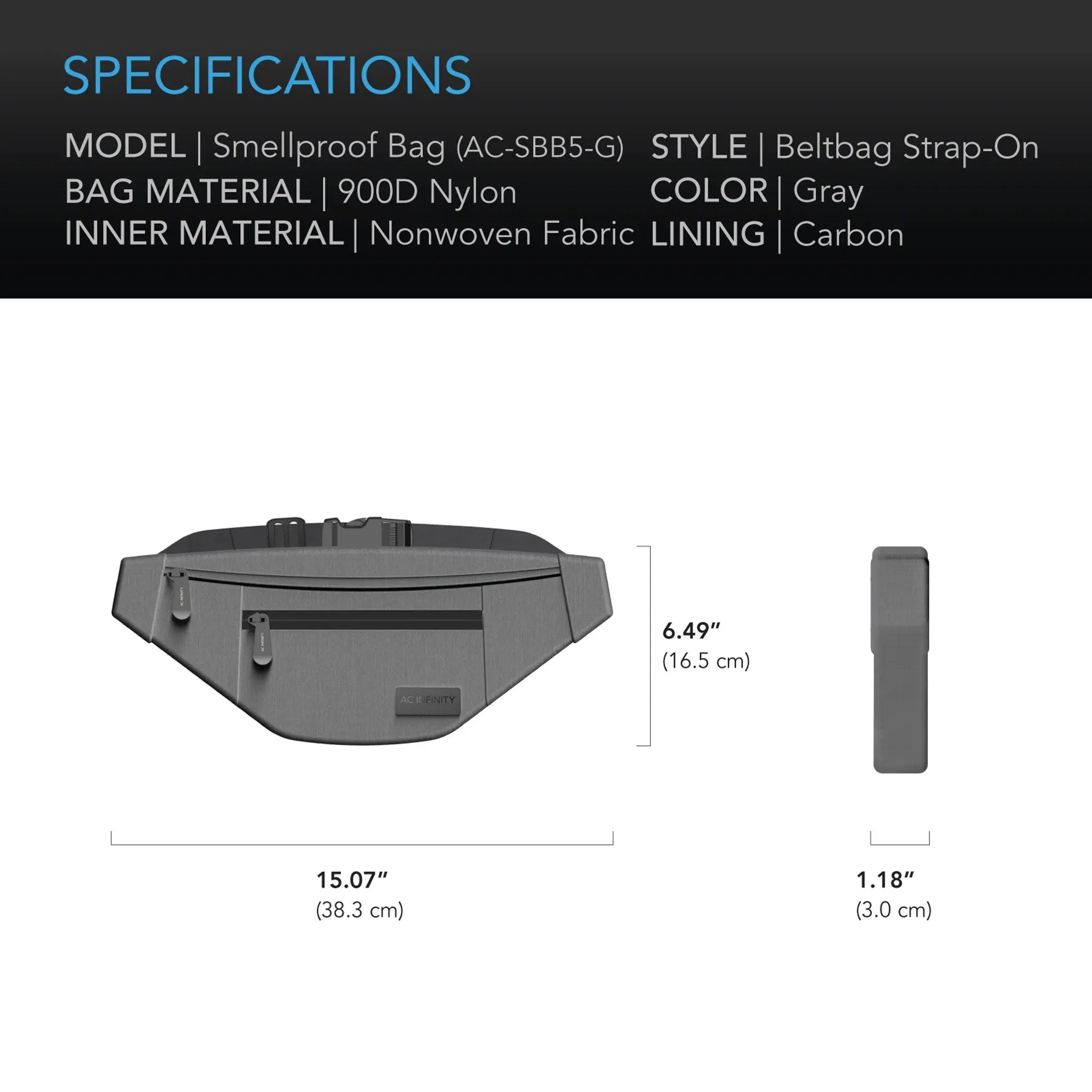 AC Infinity Smell Proof Belt Bag with 900D Nylon Fabric and Carbon Filter Lining, Gray