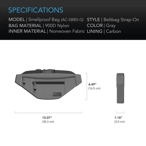 AC Infinity Smell Proof Belt Bag with 900D Nylon Fabric and Carbon Filter Lining, Gray