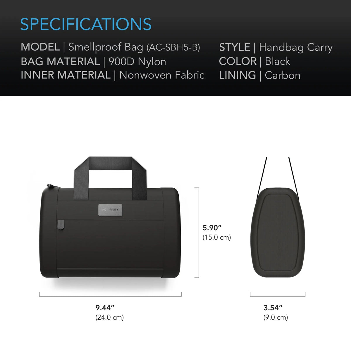 AC Infinity Smell Proof Handbag With 900D Nylon Fabric And Carbon Filter Lining, Black