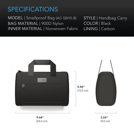 AC Infinity Smell Proof Handbag With 900D Nylon Fabric And Carbon Filter Lining, Black
