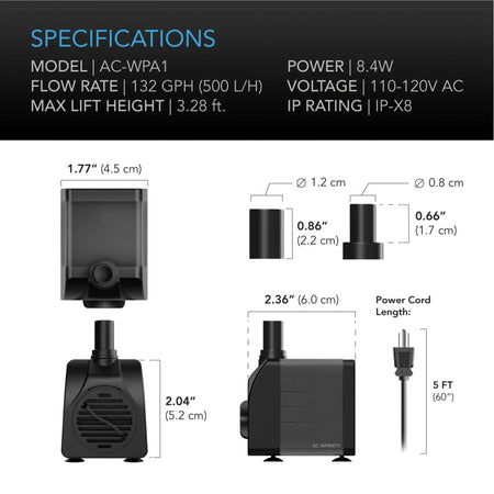 AC Infinity Submersible Water Pump, 132 GPH