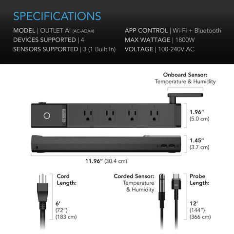 AI Environment Controller, Smart WiFi 4 Plug Outlet, Dual-Zone Temperature Humidity, ON/OFF AI Programming, 1800W