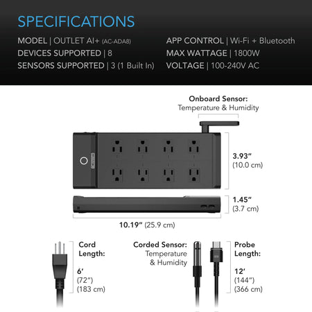 AI Environment Controller, Smart WiFi 8 Plug Outlet, Dual-Zone Temperature Humidity, ON/OFF AI Programming, 1800W (Copy)