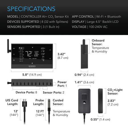 CONTROLLER AI+ with CO2 Sensor, CO2 Data Tracking for Optimized FAE, Temp, Humidity, and VPD Monitoring Bluetooth & WiFi App