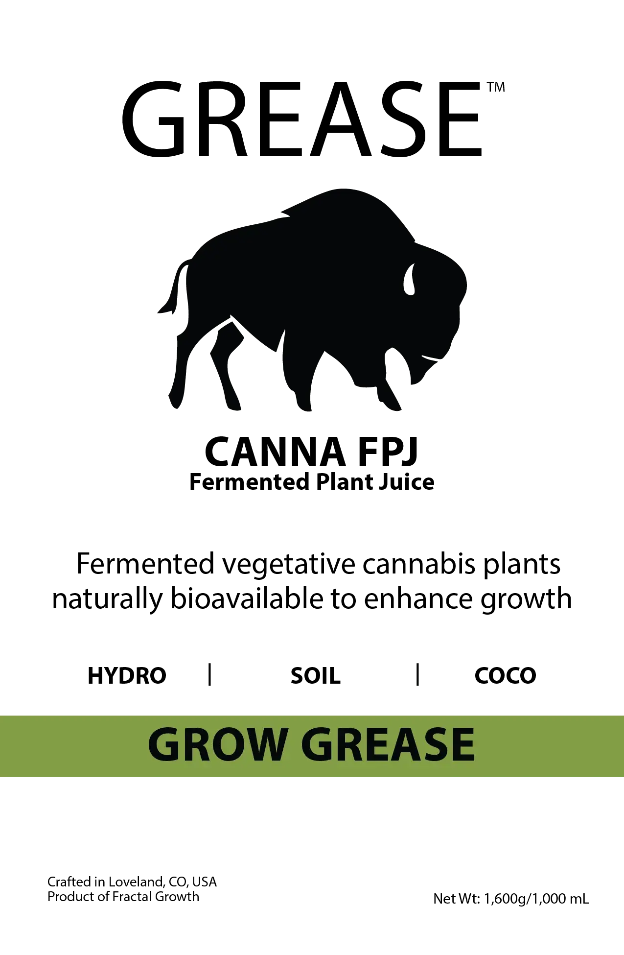 GREASE Grow Grease Fermented Vegetative Plant Juice (GROW FORMULA)