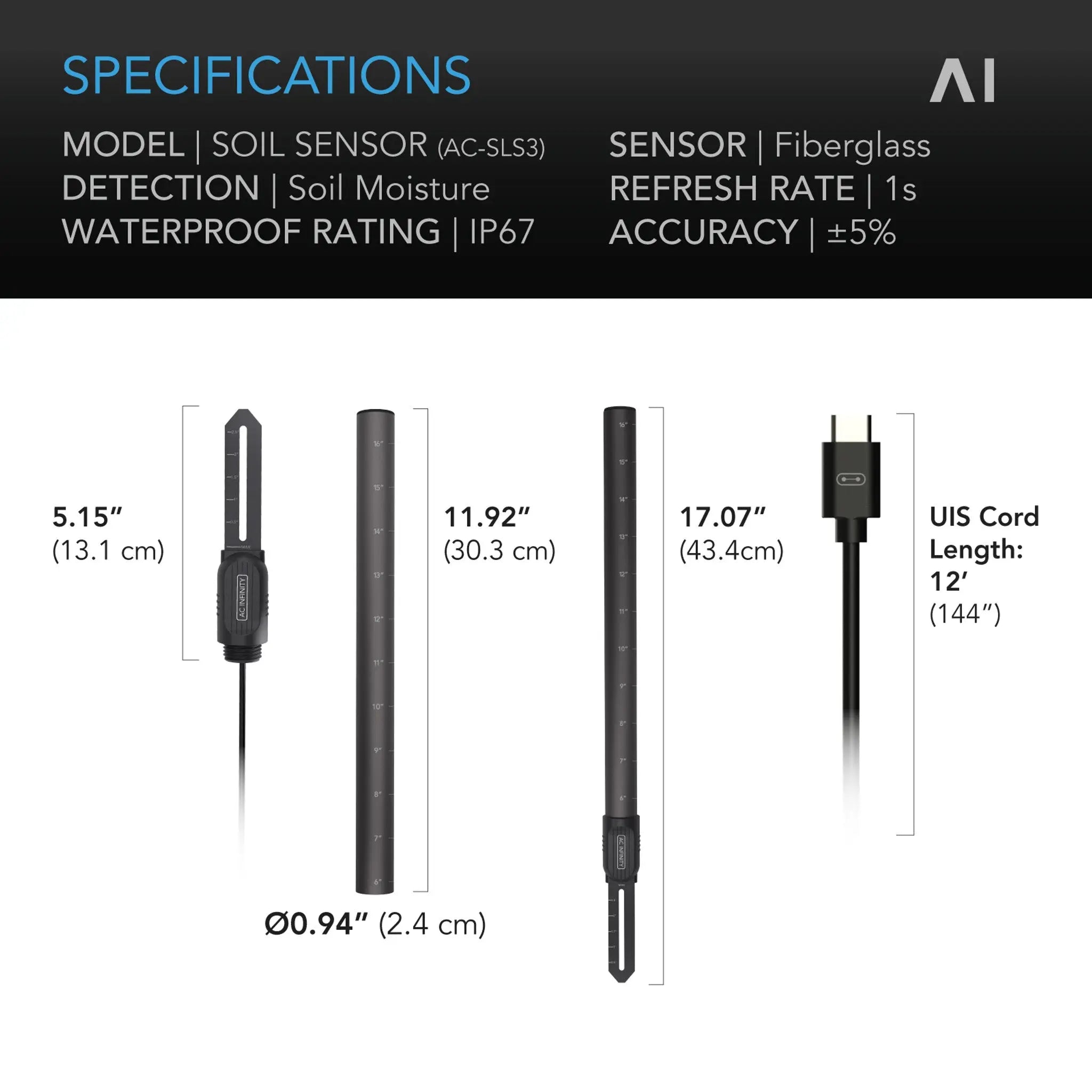 Soil Sensor Probe for Controller AI+, Monitors Moisture and Saturation Levels IP67