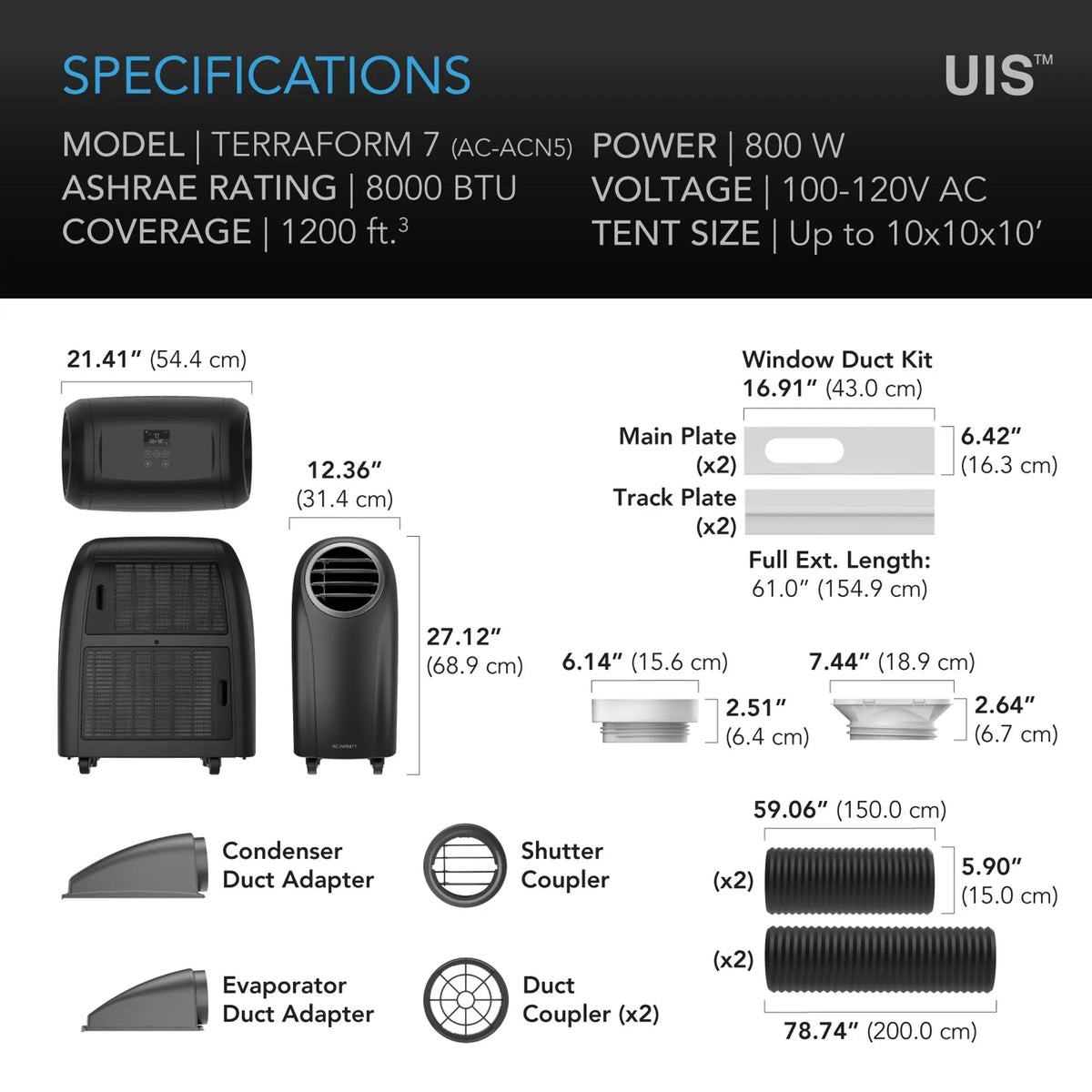 TERRAFORM 7 Air Conditioner, Heater, Dehumidifier for Grow Tents, 8000 BTU