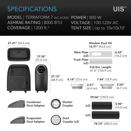 TERRAFORM 7 Air Conditioner, Heater, Dehumidifier for Grow Tents, 8000 BTU