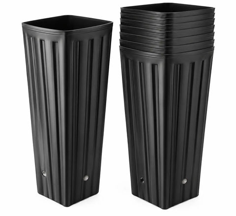 AMYHILL black tall square tree nursery pots with drainage holes, single pot and nested stack