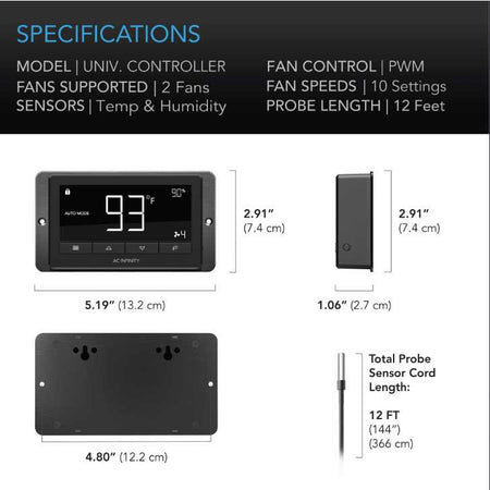 AC Infinity AIRLIFT T12, SHUTTER EXHAUST VENTILATION FAN 12", TEMPERATURE AND HUMIDITY CONTROLLER AC Infinity