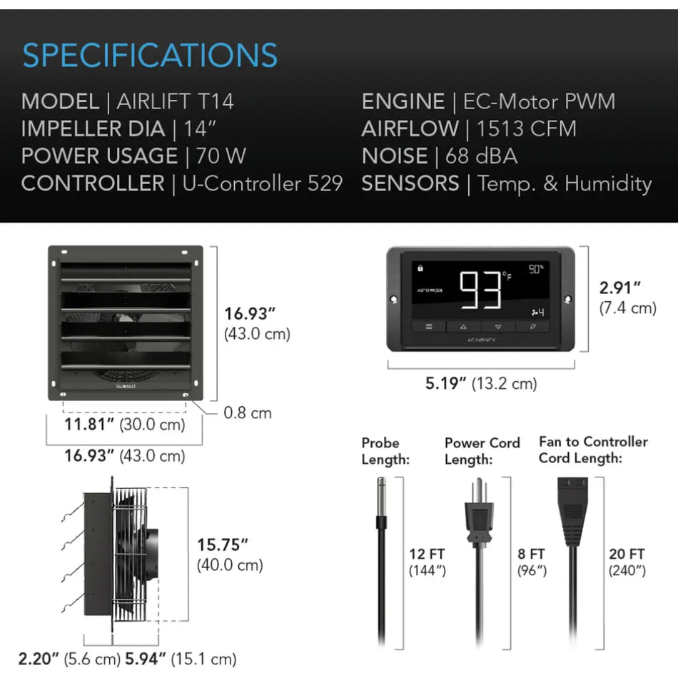 AC Infinity AIRLIFT T14, SHUTTER EXHAUST VENTILATION FAN 14", TEMPERATURE AND HUMIDITY CONTROLLER AC Infinity