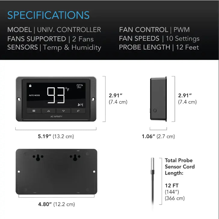 AC Infinity AIRLIFT T14, SHUTTER EXHAUST VENTILATION FAN 14", TEMPERATURE AND HUMIDITY CONTROLLER AC Infinity