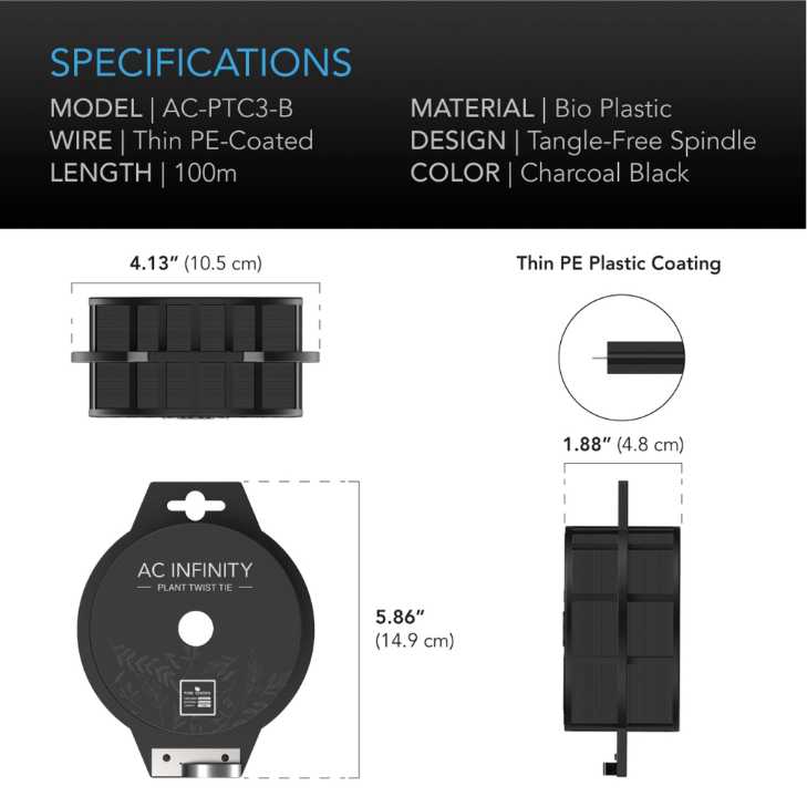 AC Infinity BLACK TWIST TIES WITH BUILT-IN CUTTER, 100M AC Infinity