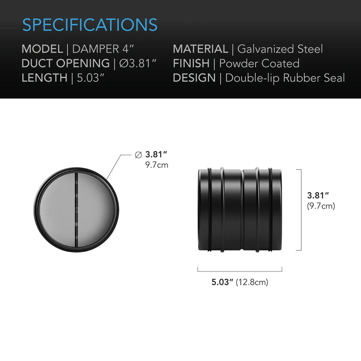 AC Infinity Backdraft Damper Ducting Insert, Black Galvanized Steel, 4" AC Infinity