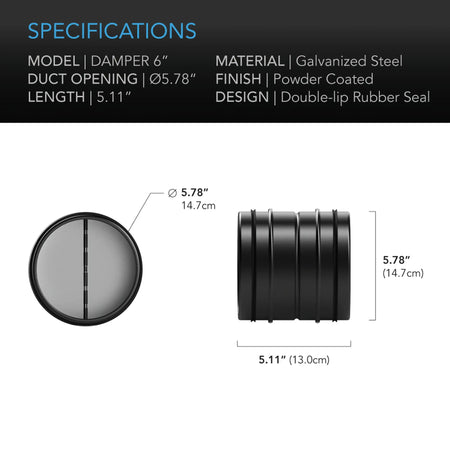 AC Infinity Backdraft Damper Ducting Insert, Black Galvanized Steel, 6" AC Infinity