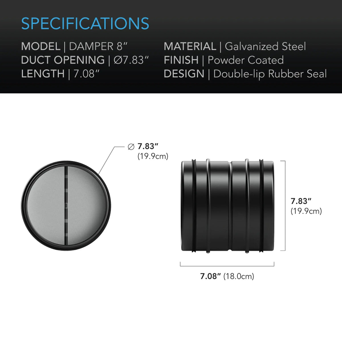 AC Infinity Backdraft Damper Ducting Insert, Black Galvanized Steel, 8" AC Infinity