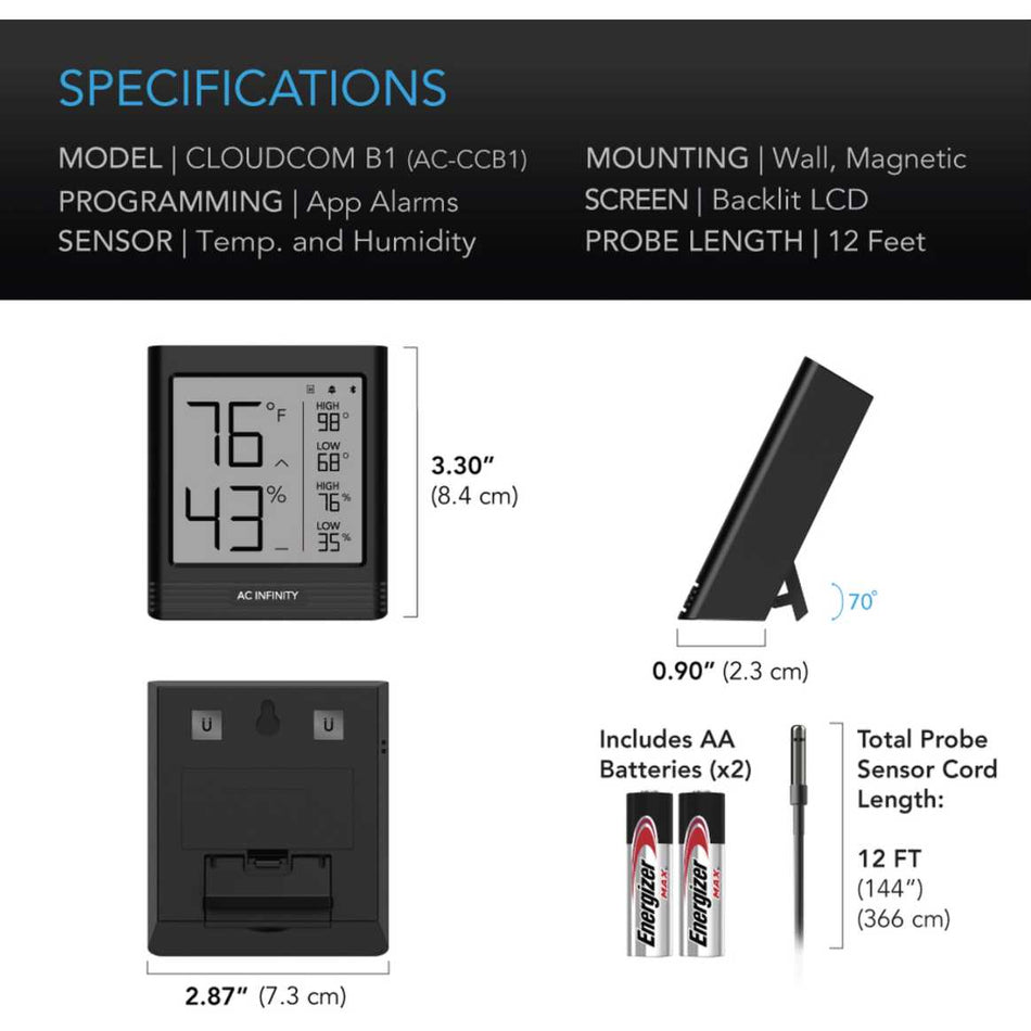 AC Infinity CLOUDCOM B1 Smart Thermo-Hygrometer With Data App, 12' Sensor Probe AC Infinity