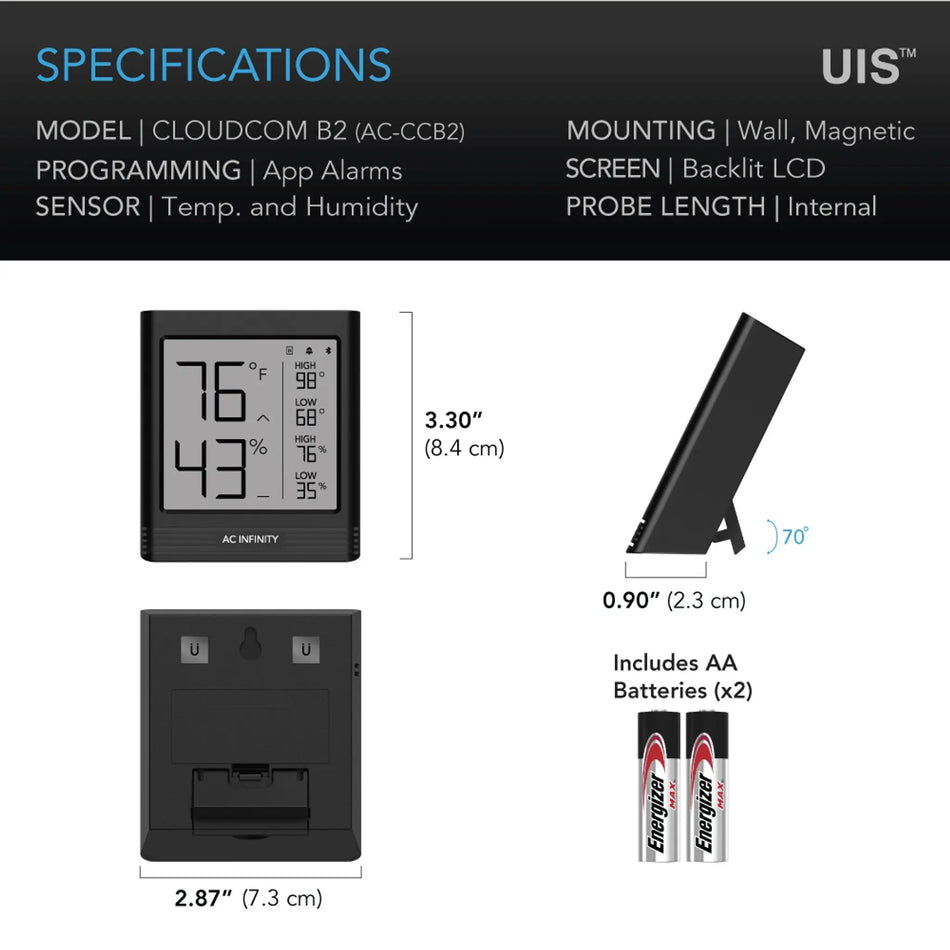 AC Infinity CLOUDCOM B2 Smart Thermo-Hygrometer With Data App, Integrated Sensor Probe AC Infinity