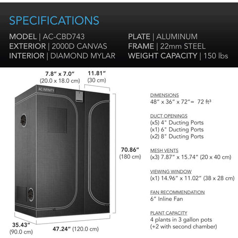 AC Infinity CLOUDLAB 743D, 2-IN-1 ADVANCE GROW TENT 4X3, 2000D MYLAR CANVAS, 48" X 36" X 72" AC Infinity
