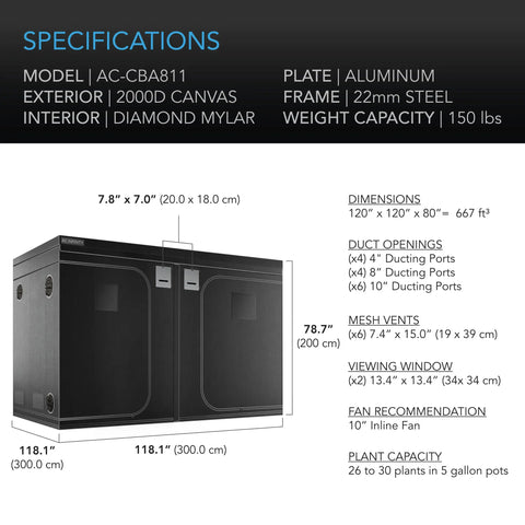 AC Infinity CLOUDLAB 811, ADVANCE GROW TENT 10X10, 2000D DIAMOND MYLAR CANVAS, 120" X 120" X 80" AC Infinity