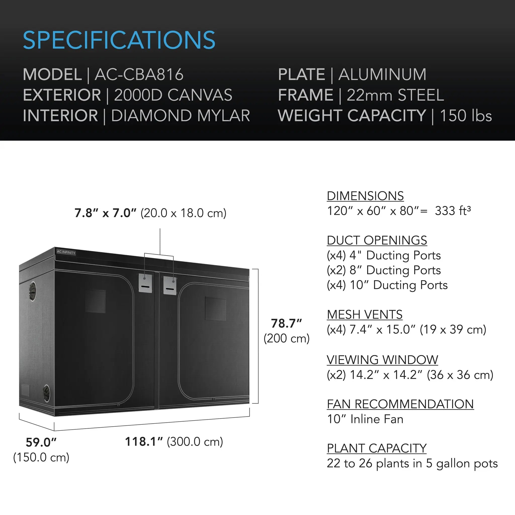 AC Infinity CLOUDLAB 816, ADVANCE GROW TENT 10X5, 2000D DIAMOND MYLAR CANVAS, 120" X 60" X 80" AC Infinity