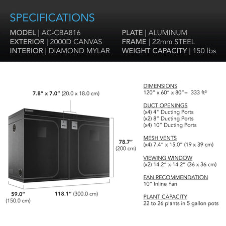 AC Infinity CLOUDLAB 816, ADVANCE GROW TENT 10X5, 2000D DIAMOND MYLAR CANVAS, 120" X 60" X 80" AC Infinity