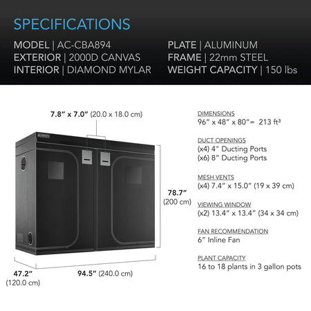 AC Infinity CLOUDLAB 894, ADVANCE GROW TENT 8X4, 2000D DIAMOND MYLAR CANVAS, 96" X 48" X 80" AC Infinity