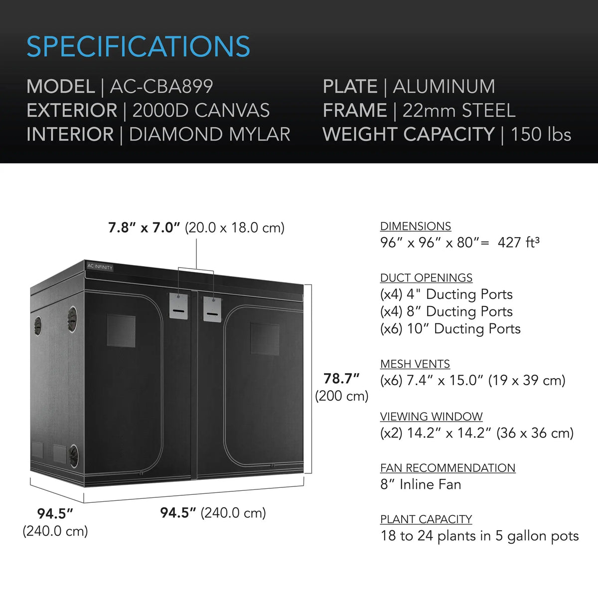 AC Infinity CLOUDLAB 899, ADVANCE GROW TENT 8X8, 2000D DIAMOND MYLAR CANVAS, 96" X 96" X 80" AC Infinity