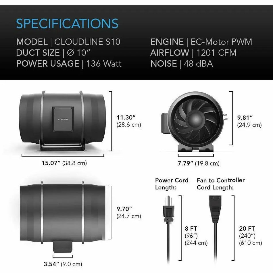 AC Infinity CLOUDLINE S10, Quiet Inline Duct Fan System with Speed Controller, 10" AC Infinity