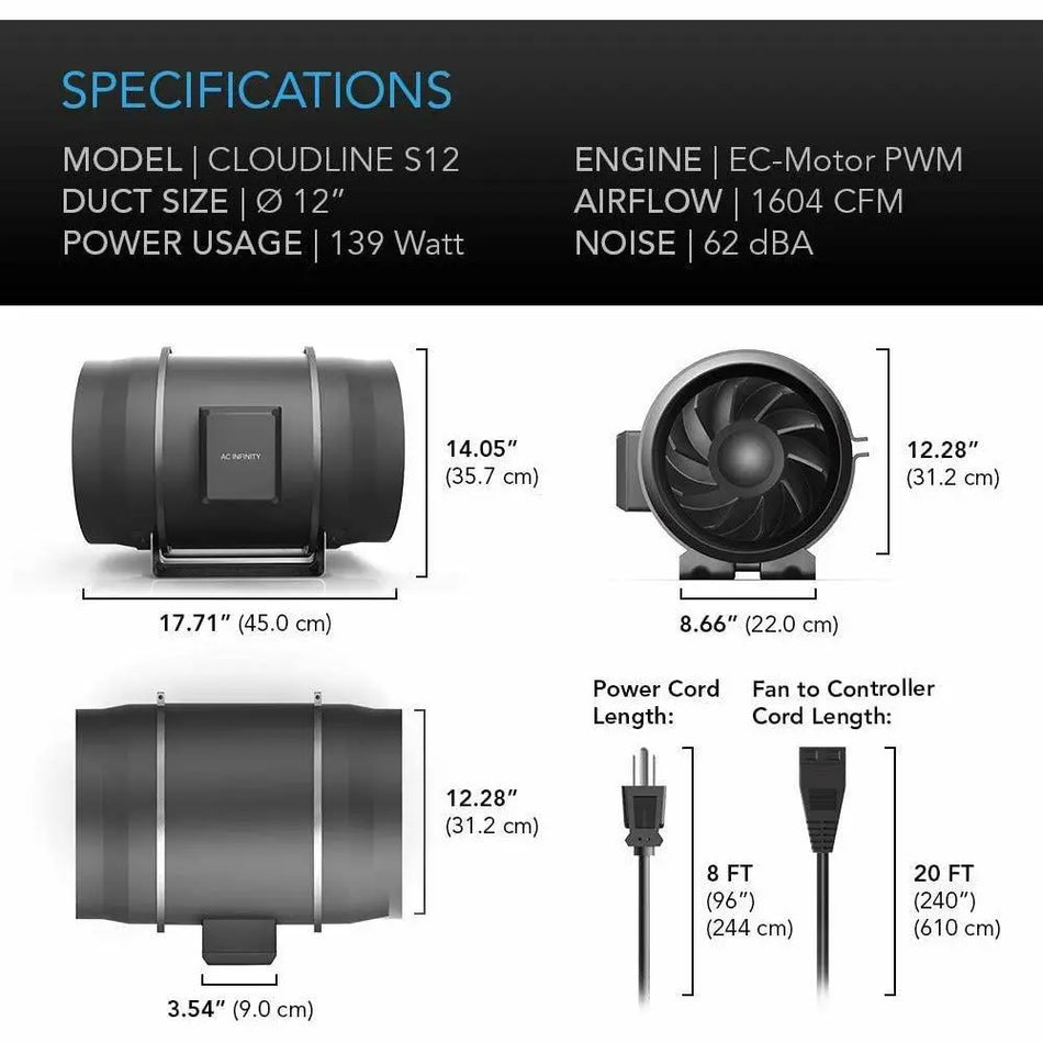 AC Infinity CLOUDLINE S12, Quiet Inline Duct Fan System with Speed Controller, 12" AC Infinity