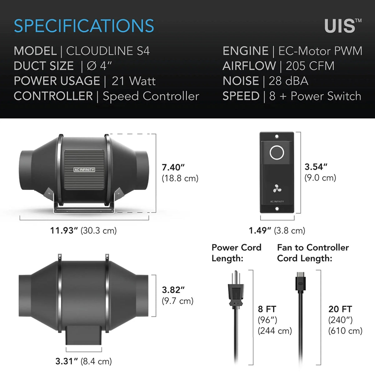 AC Infinity CLOUDLINE S4 Inline Duct Fan System with Speed Controller, 4"