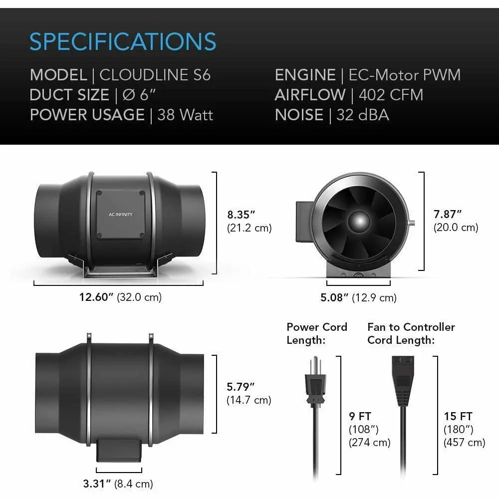 AC Infinity CLOUDLINE S6, Quiet Inline Duct Fan System with Speed Controller, 6" AC Infinity