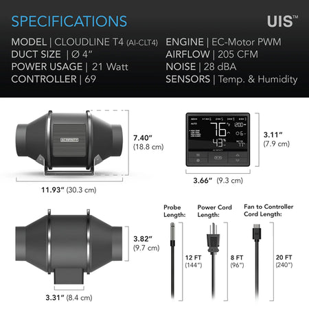 AC Infinity CLOUDLINE T4 Inline Duct Fan System w/ Bluetooth Controller, 4"