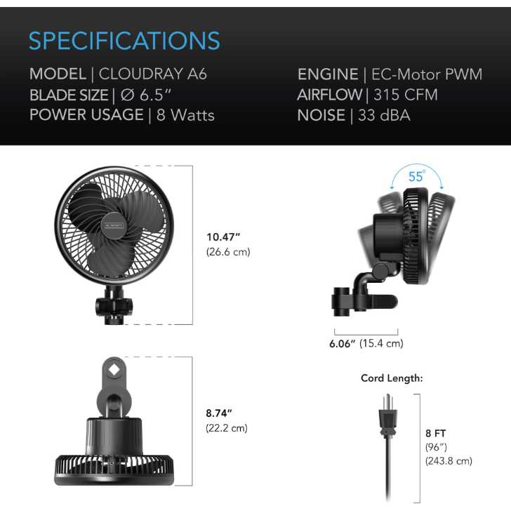 AC Infinity CLOUDRAY A6 GROW TENT CLIP FAN 6 WITH 10 SPEEDS, MANUAL SWIVEL AC Infinity