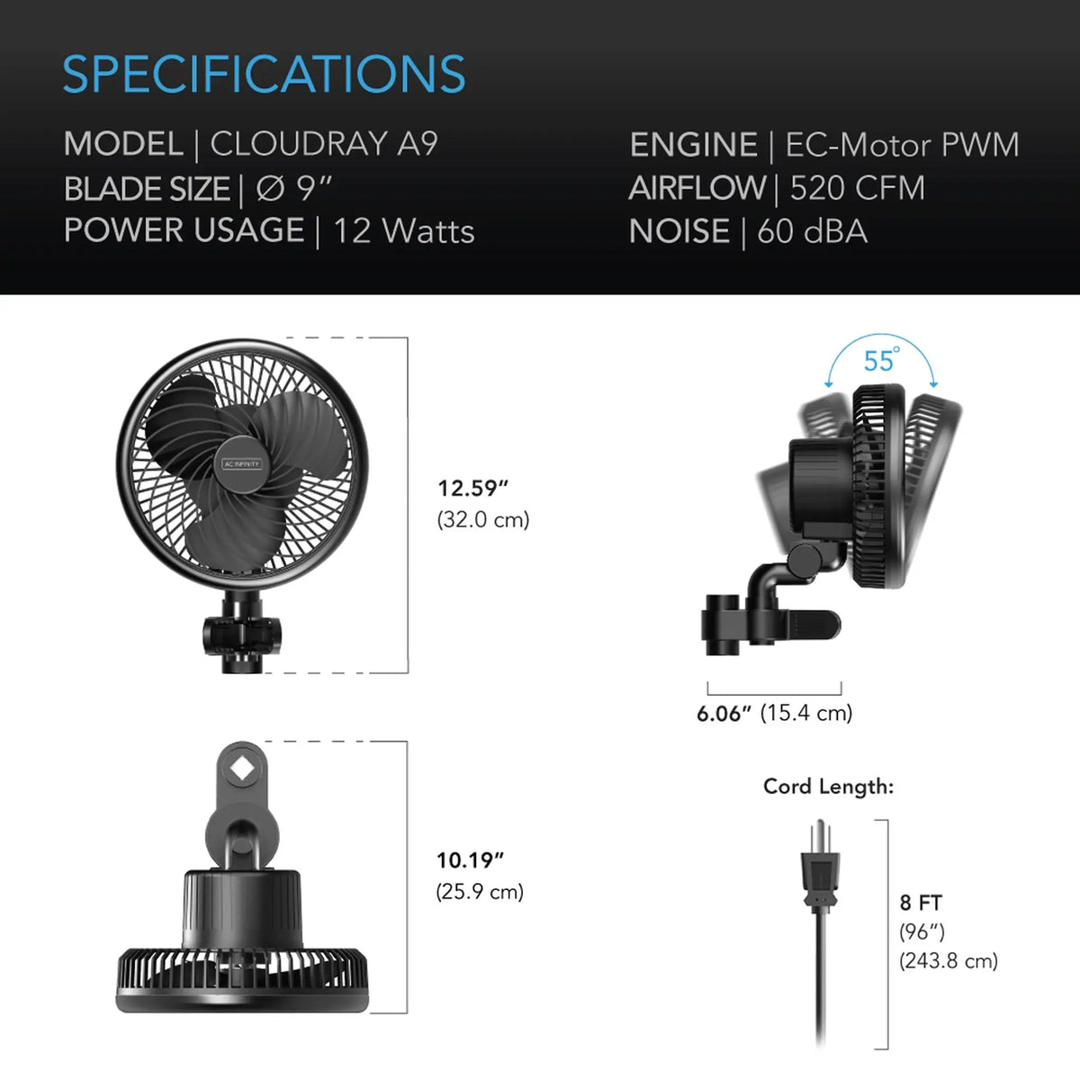 AC Infinity CLOUDRAY A9 GROW TENT CLIP FAN 9 WITH 10 SPEEDS, EC-MOTOR, MANUAL SWIVEL AC Infinity